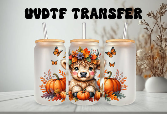 UVDTF Wrap Cute Cow Pumpkin Fall 16oz Can Glass Mug Tumbler,  Ready to Apply, Permanent Waterproof Adhesive