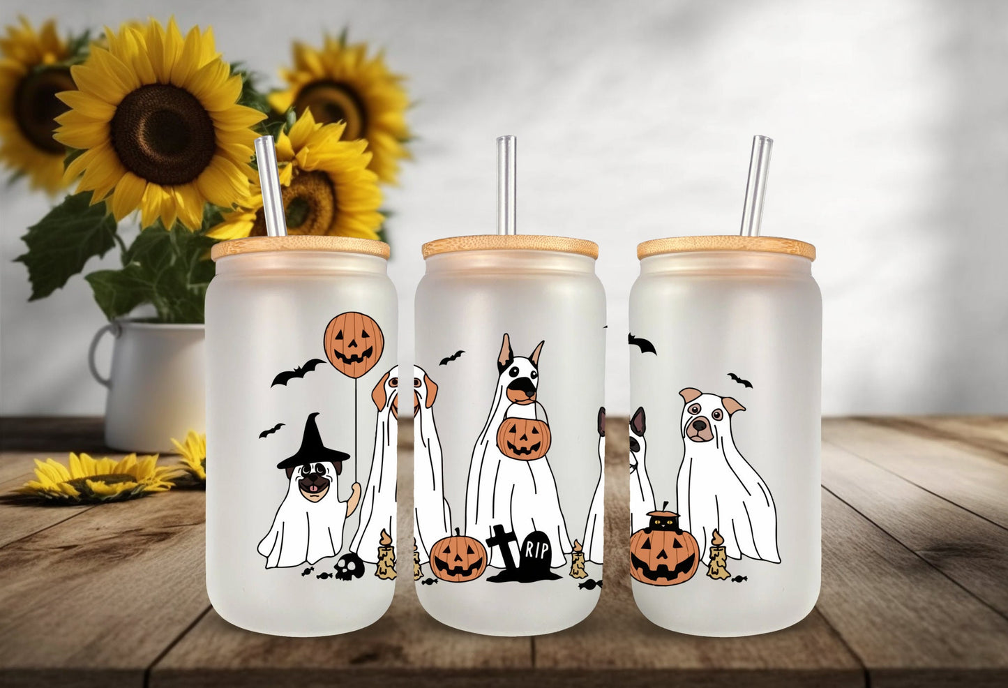 UVDTF Wrap Halloween Spooky Ghost Dogs for 16oz Can Glass Mug Tumbler, Ready to apply, Permanent adhesive, Double Sided option