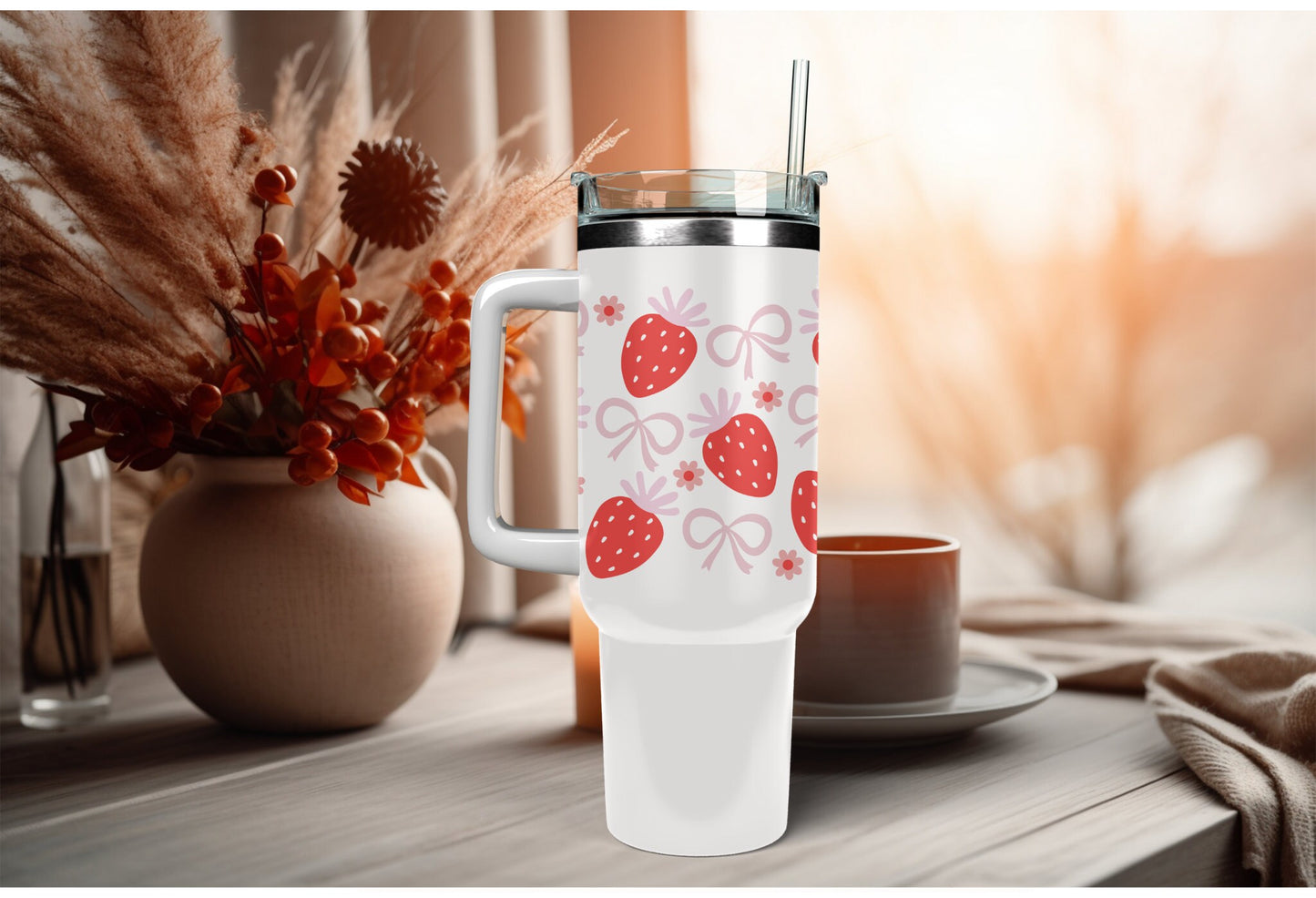 UVDTF Wrap Strawberry Coquette Bows for 16 oz Can Glass, Mug, Tumbler, Mug, Ready to Apply, Permanent Waterproof Adhesive, Apply to Cup