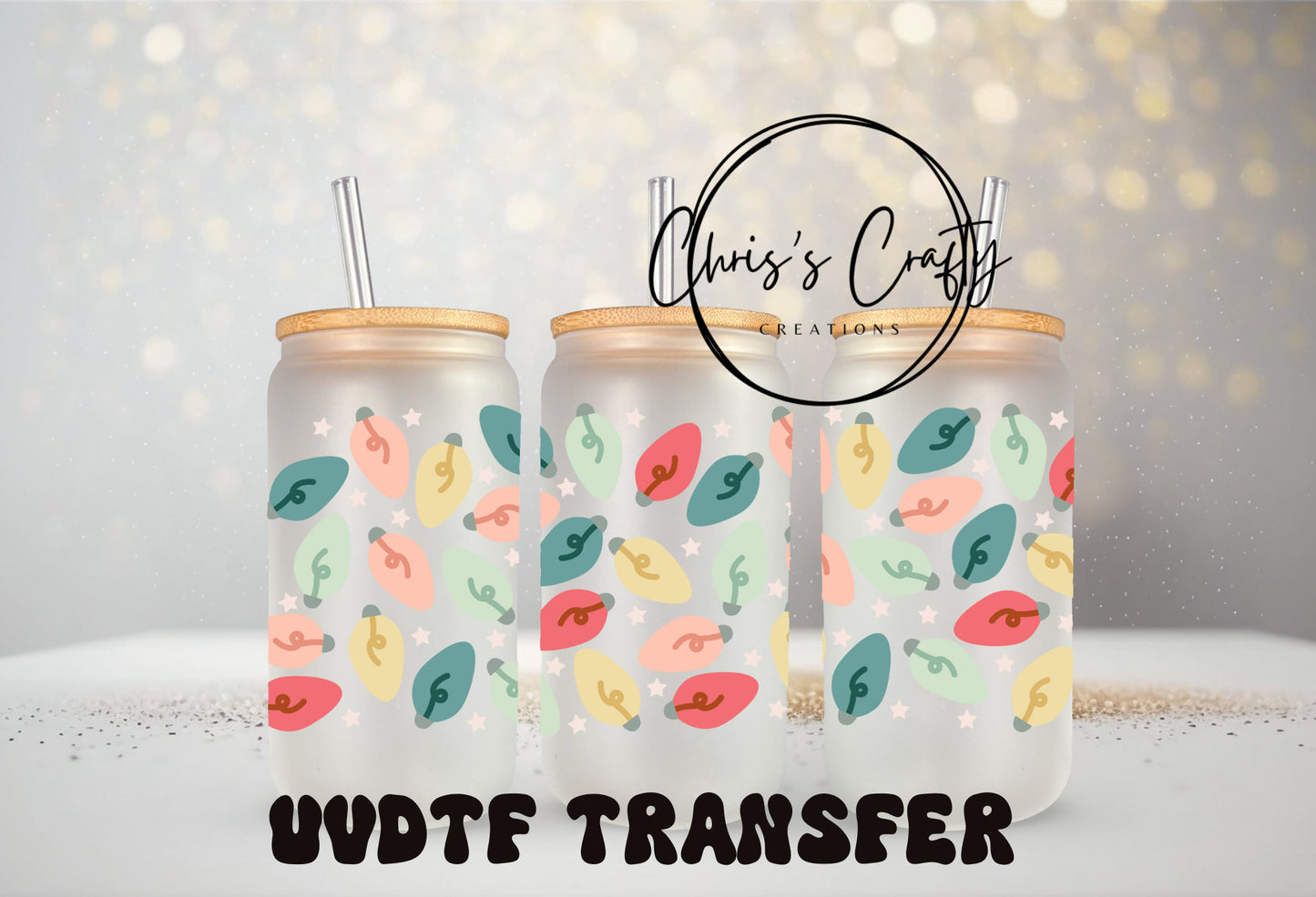 UVDTF Wrap Christmas Lights 16oz Can Glass Mug Tumbler, Christmas Wrap, Ready to apply, Permanent Adhesive Waterproof