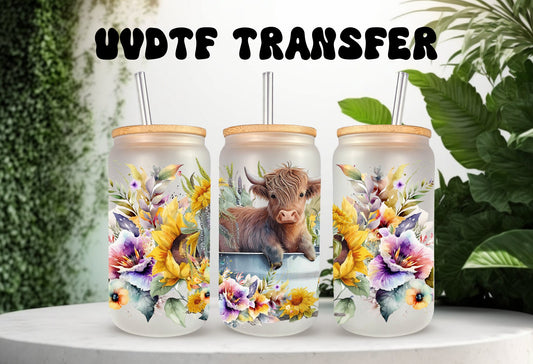 UVDTF Wrap Flower Highland Cow Tin Tub 16oz Can Glass Mug Tumbler, Ready to Apply, Permanent Waterproof Adhesive