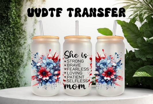 UVDTF Wrap She is Mom American for 16oz Can Glass Mug Tumbler, Mom Wrap, Ready to apply, Permanent Adhesive Waterproof, Apply to cup