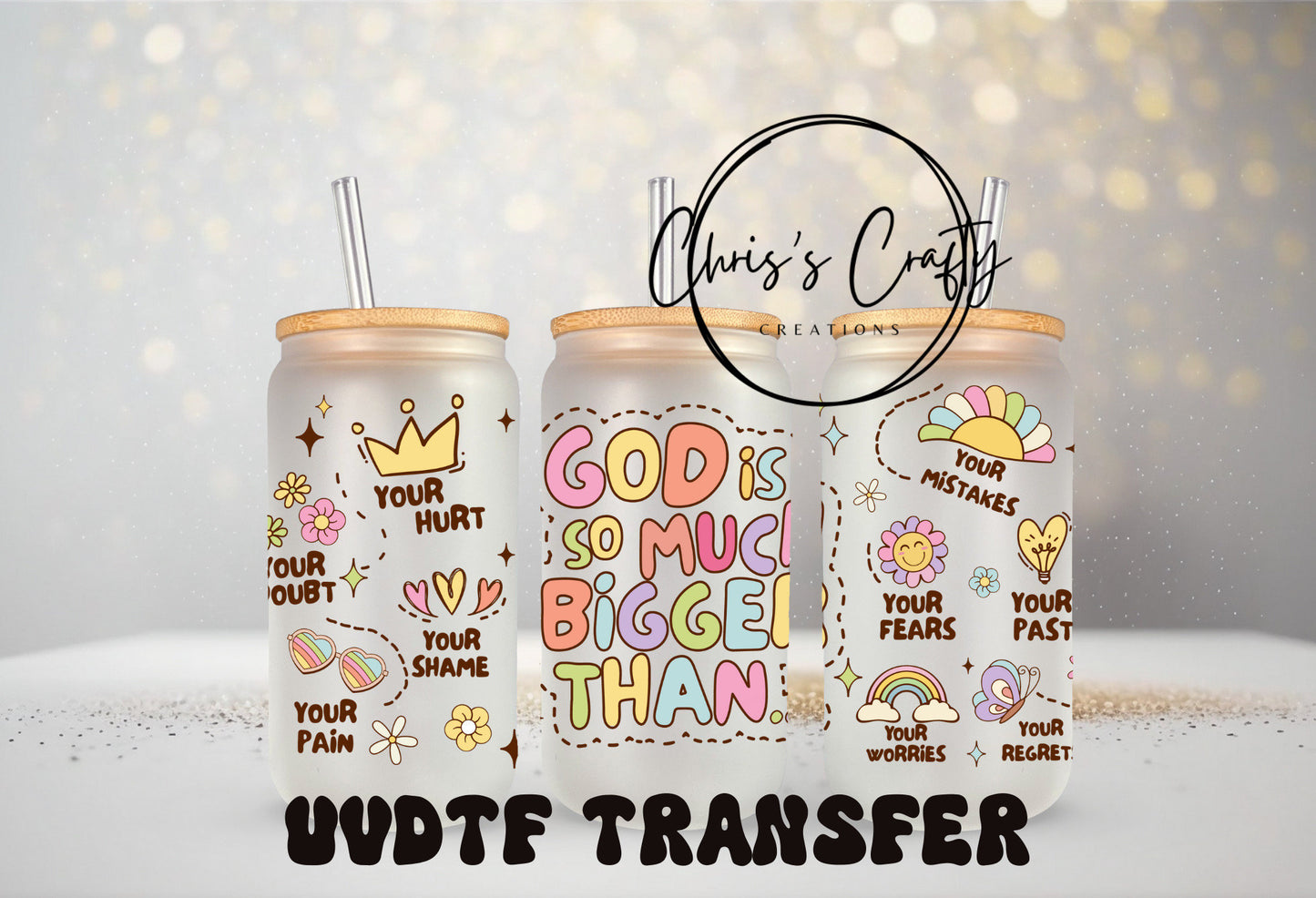 UVDTF Wrap Christian God is so much 16oz Can Glass Mug Tumbler, Ready to apply, Permanent Waterproof Adhesive