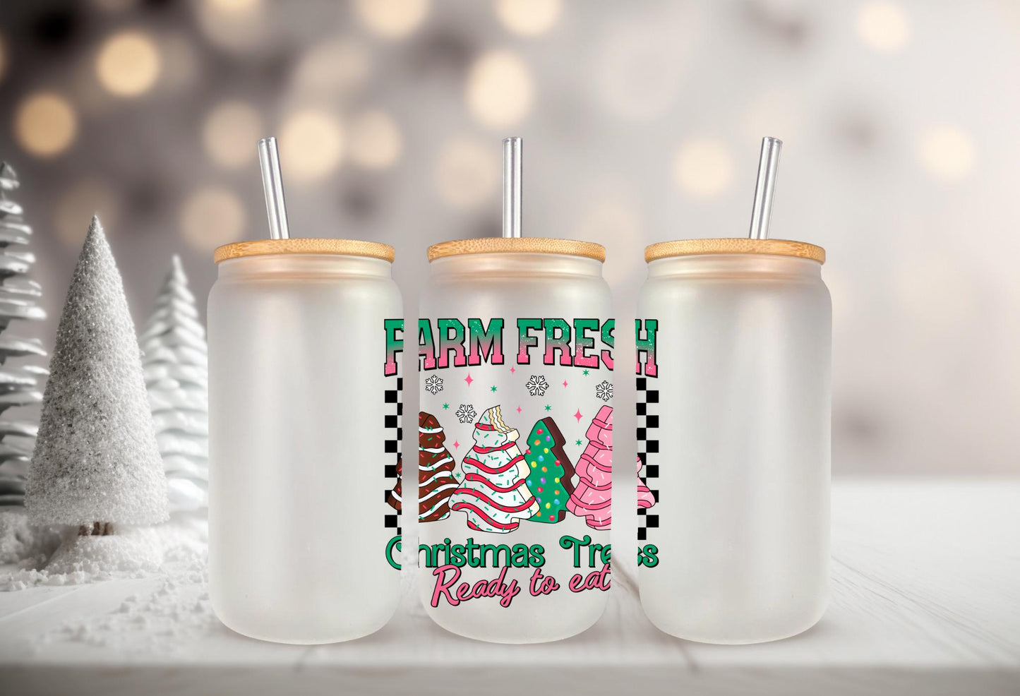 UVDTF Decal Tree Cake Farm Fresh  16oz Can Glass Mug Tumbler, Christmas Tree Cake Decal, Ready to apply, Permanent Waterproof Adhesive