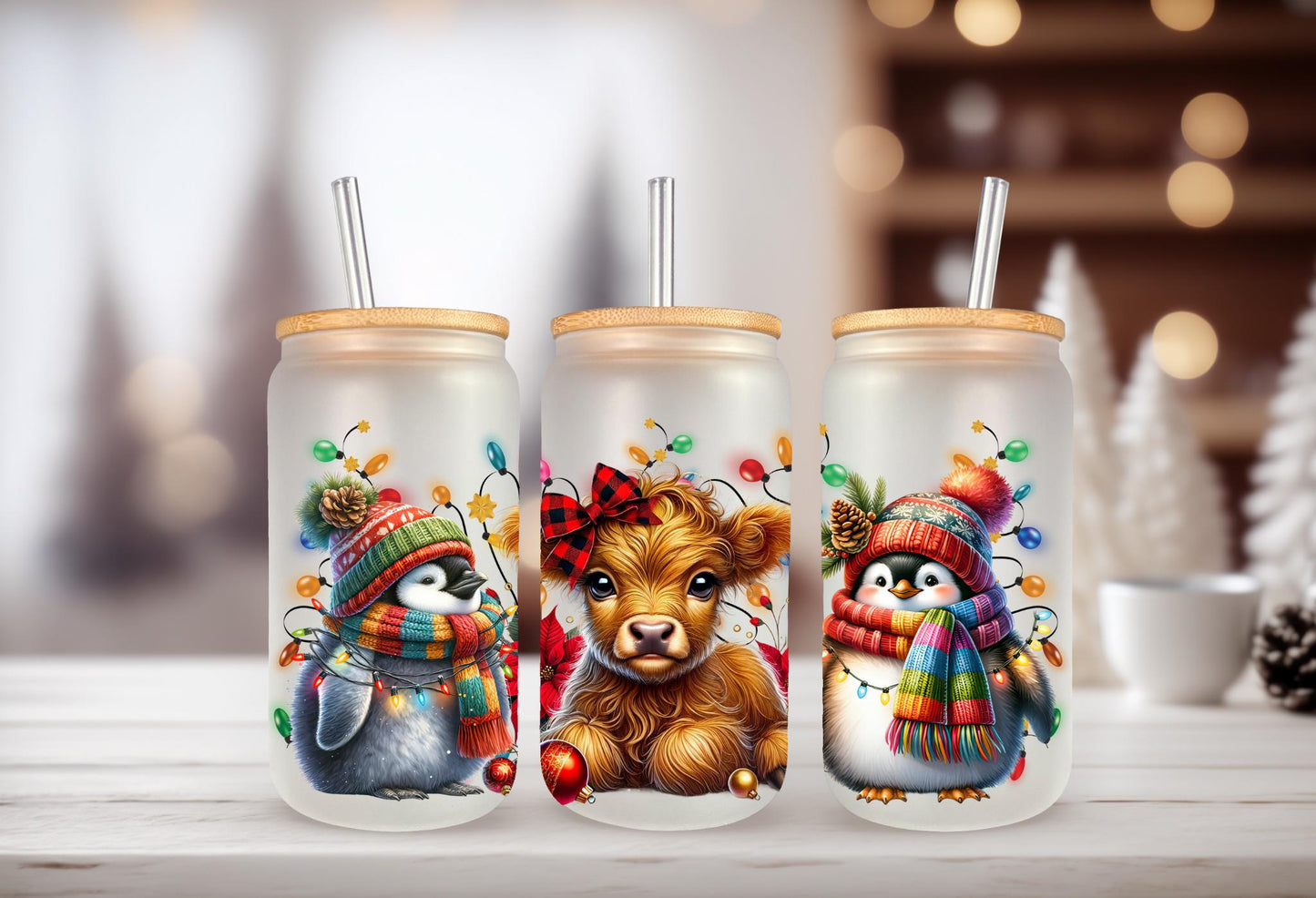 UVDTF Wrap Highland Cow Penguins 16oz Can Glass Mug Tumbler, Christmas Wrap, Ready to Apply, Permanent Waterproof Adhesive, Double Sided Print