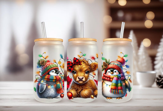 UVDTF Wrap Highland Cow Penguins 16oz Can Glass Mug Tumbler, Christmas Wrap, Ready to Apply, Permanent Waterproof Adhesive, Double Sided Print