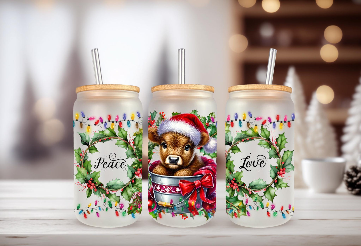 UVDTF Wrap Highland Cow Peace Love 16oz Can Glass Mug Tumbler, Ready to Apply, Permanent Waterproof Adhesive