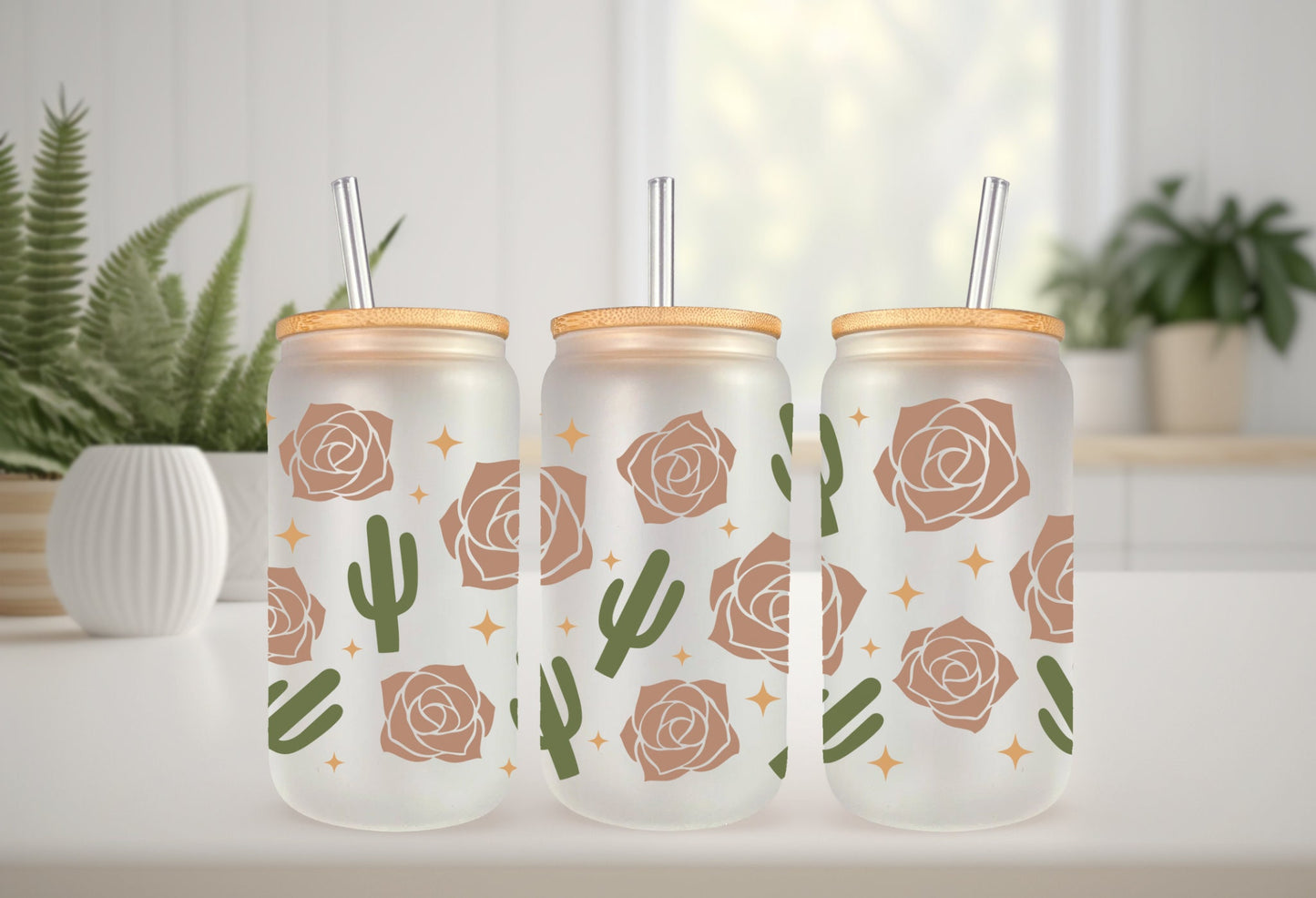 UVDTF Wrap Boho Desert Rose Cactus 16oz Can Glass, Mug, Tumbler, Cactus Wrap, Ready to apply, Permanent Adhesive Waterproof, Add on a Cup