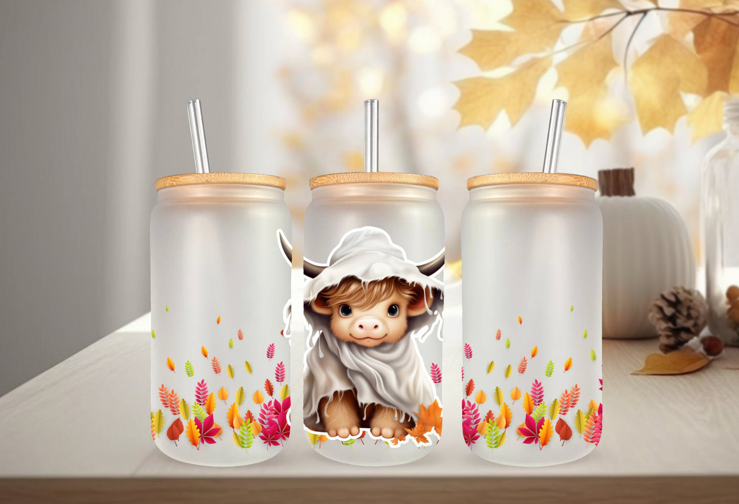 UVDTF Wrap Ghost Cow Floral 16oz Can Glass, Mug, Tumbler, Halloween Wrap, Double Sided Print Option, Ready to Apply, Permanent Adhesive