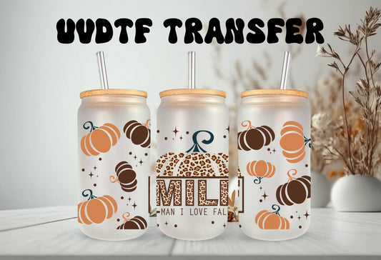 UVDTF Wrap Man I love Fall 16 oz Can Glass, Mug, or Tumbler, Fall Leopard Pumpkin Wrap, Ready to Apply, Permanent Adhesive