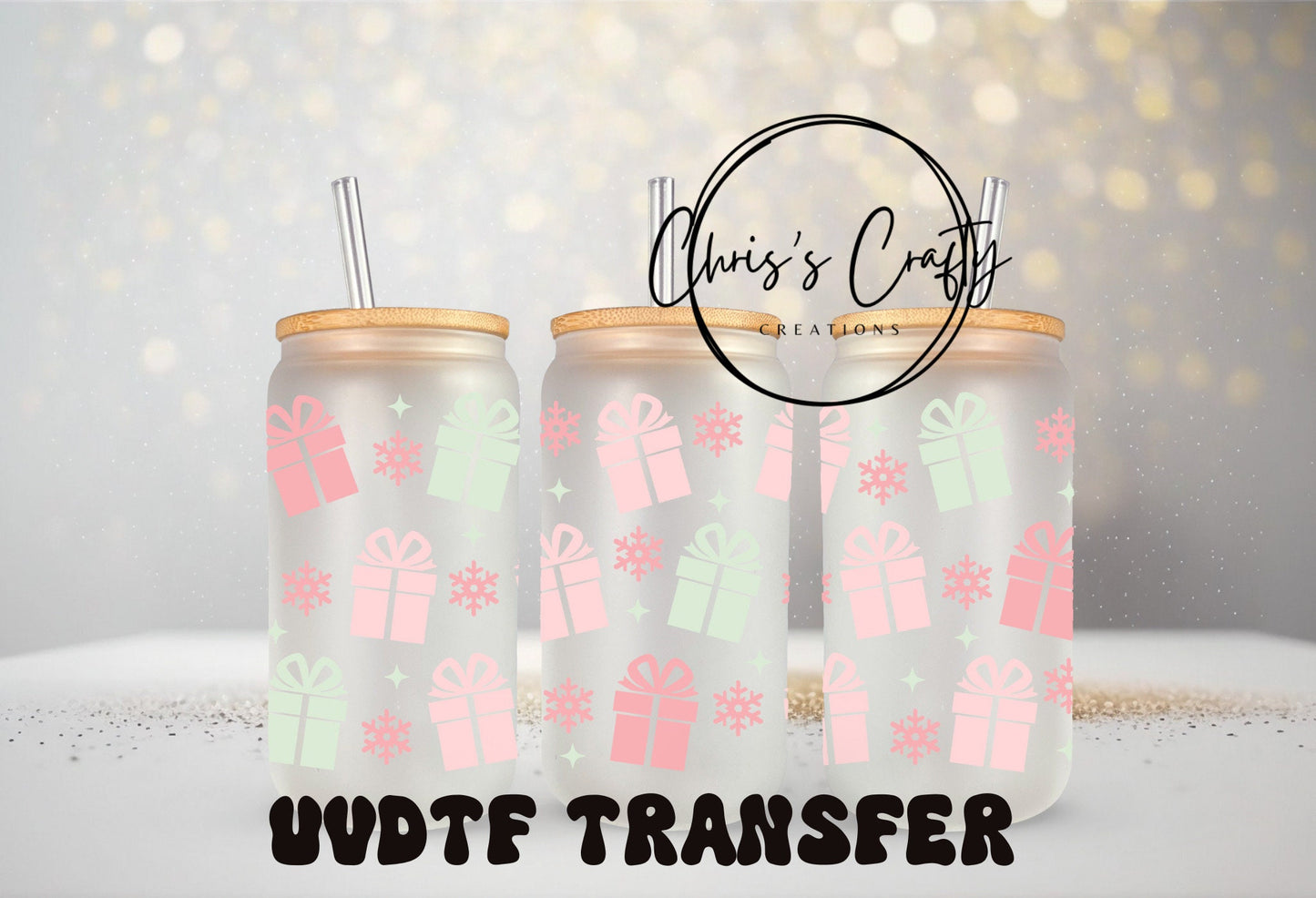 UVDTF WRAPS Pastel Pink Christmas Wrap Bundle Set of 4 for 16oz Can Glass Mug Tumbler, Ready to Apply, Permanent Waterproof Adhesive