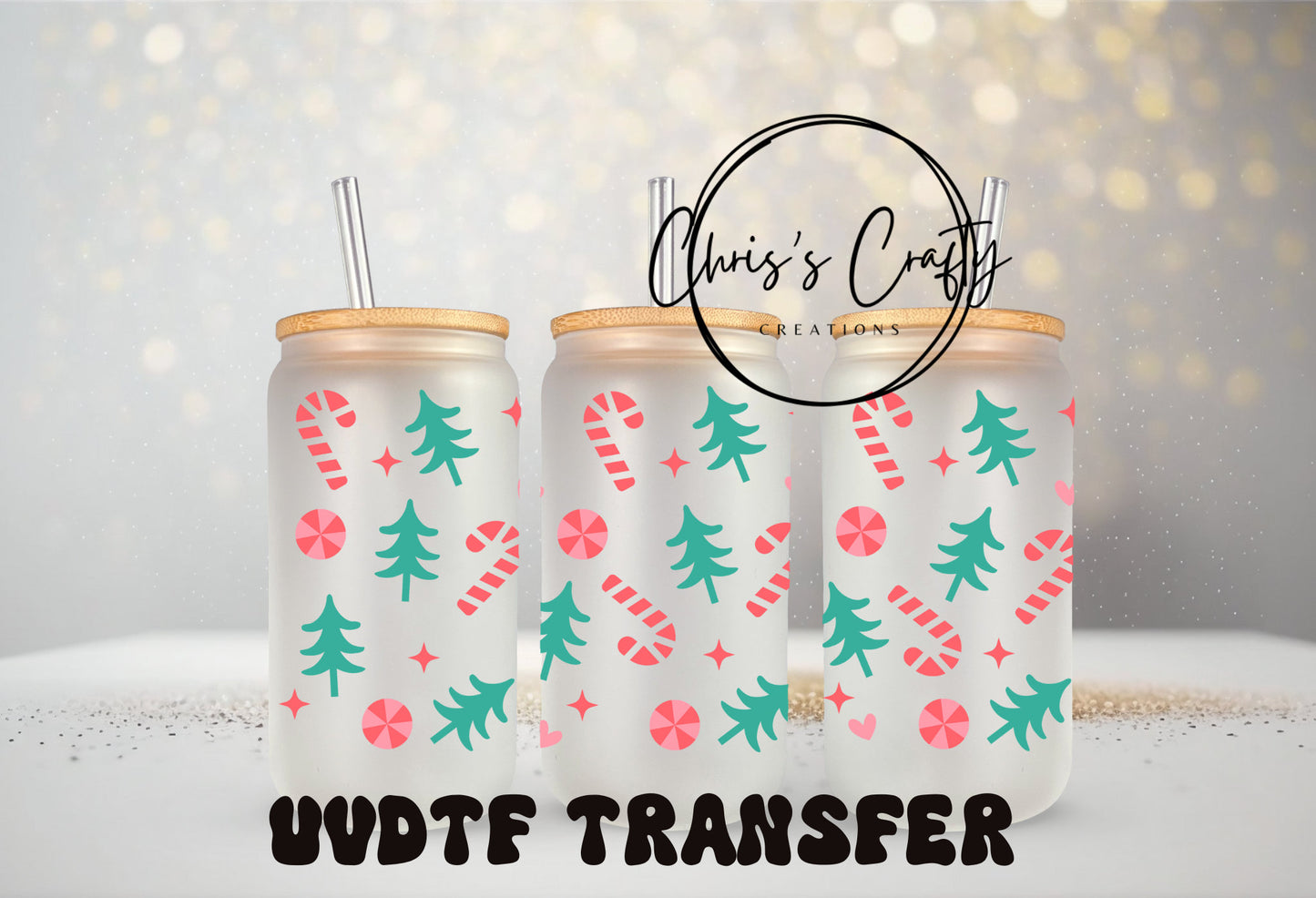 UVDTF Wrap Christmas Candy Canes Trees 16oz Can Glass Mug Tumbler, Ready to Apply, Waterproof Permanent Adhesive