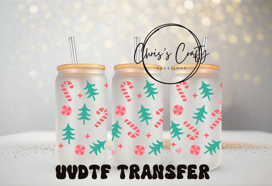 UVDTF Wrap Christmas Candy Canes Trees 16oz Can Glass Mug Tumbler, Ready to Apply, Waterproof Permanent Adhesive