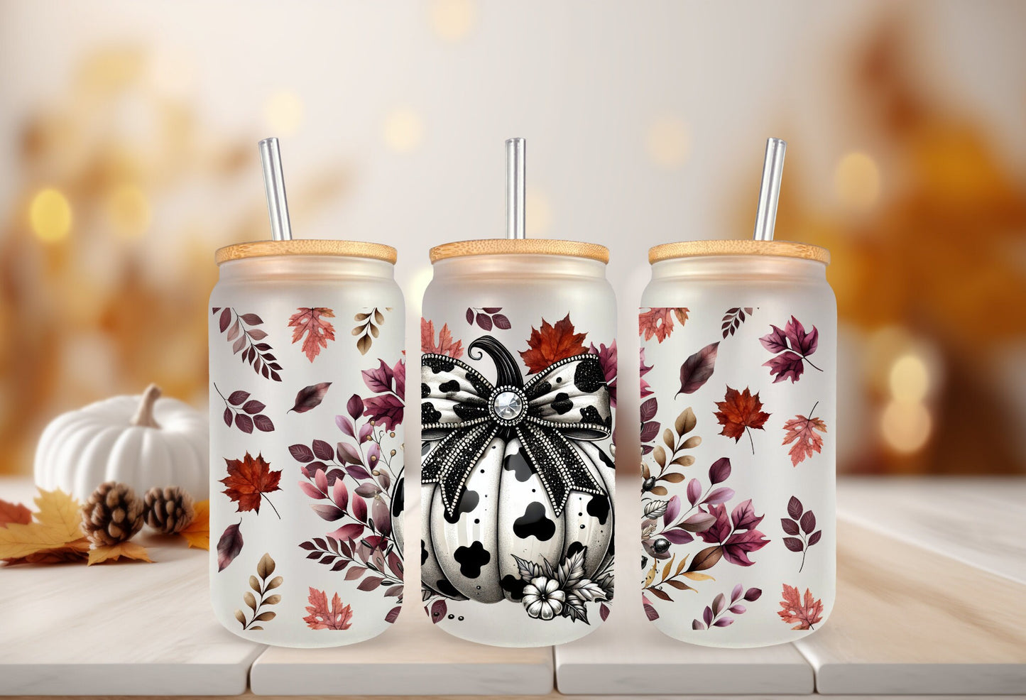UVDTF Wrap Pumpkin Floral Cow Print 16oz Can Glass, Mug, Tumbler, Ready to Apply, Permanent Waterproof Adhesive, Double Sided Print