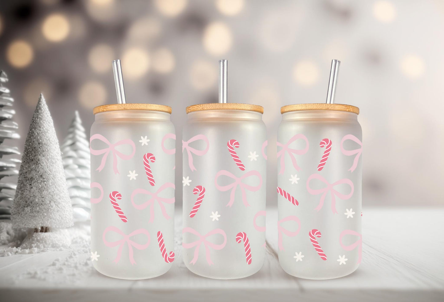 UVDTF Wrap Candy Canes Coquette Bows for 16oz Can Glass, Mug, Tumbler, Ready to apply, Waterproof Permanent Adhesive