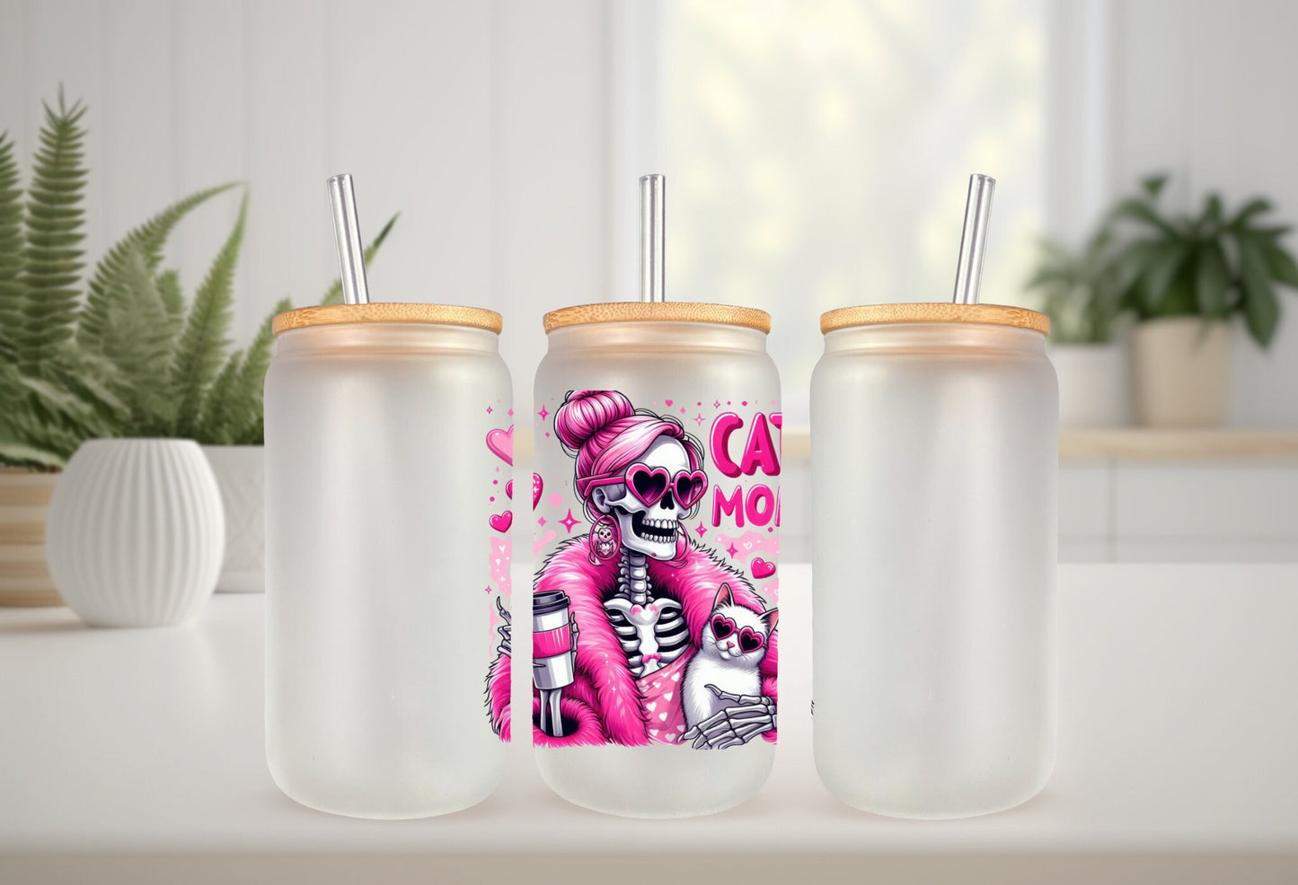 UVDTF Decal Cat Mom Retro Skeleton It’s a Throat P*nch Kind of Day 16oz Can Glass Mug Tumbler, Ready to Apply, Permanent Waterproof Adhesive