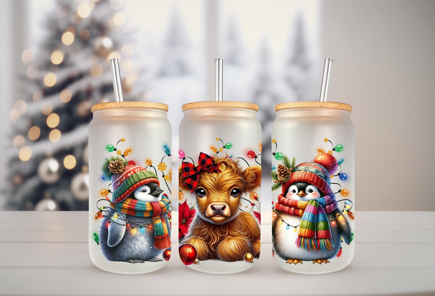 UVDTF Wrap Highland Cow Penguins 16oz Can Glass Mug Tumbler, Christmas Wrap, Ready to Apply, Permanent Waterproof Adhesive, Double Sided Print