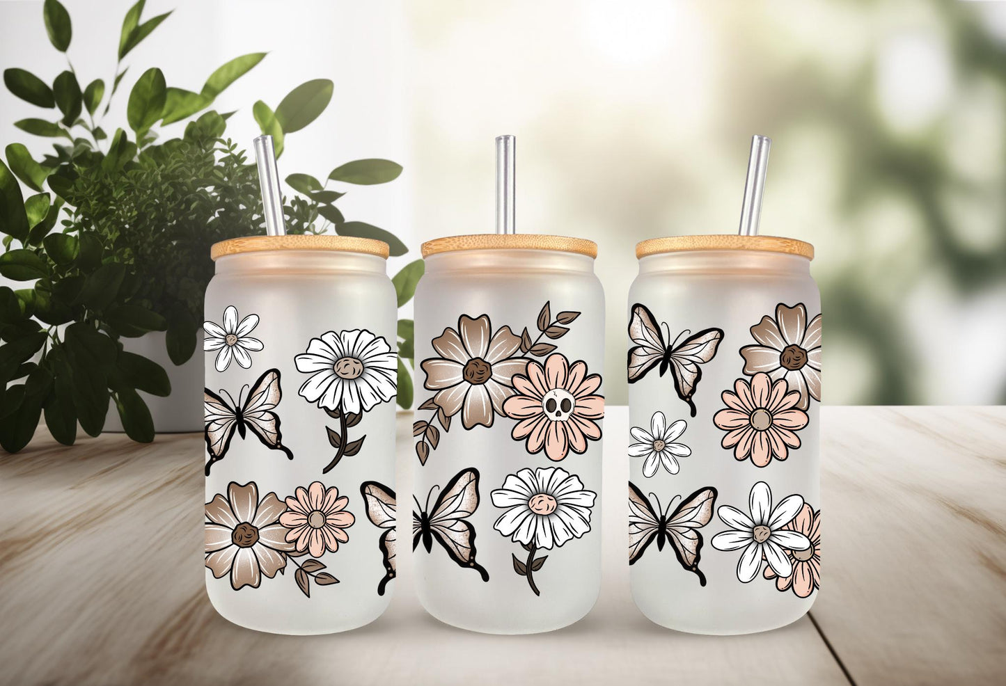 UVDTF Wrap Floral Butterfly Skull for 16oz Can Glass Mug Tumbler, Daisy Wrap, Ready to Apply, Permanent Waterproof Adhesive (Copy)