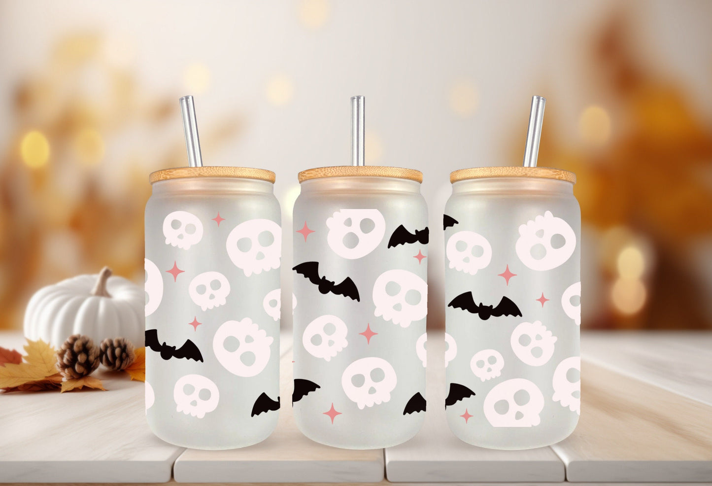 UVDTF Wrap Skull  Bats for 16oz Can Glass, Mug, or Tumbler, Halloween Candy, Ready to apply, Permanent Adhesive Waterproof