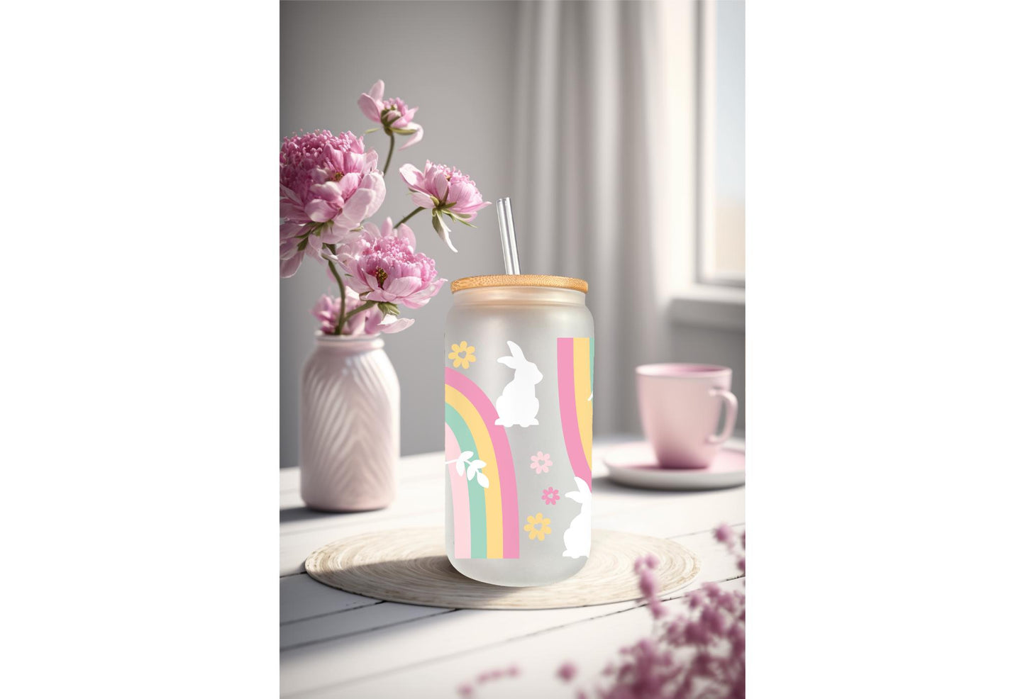 UVDTF Wrap Bunny Rainbow for 20oz Can Glass Mug Tumbler, Easter Wrap Ready to Apply, Permanent Waterproof Adhesive, Double Sided Print Option