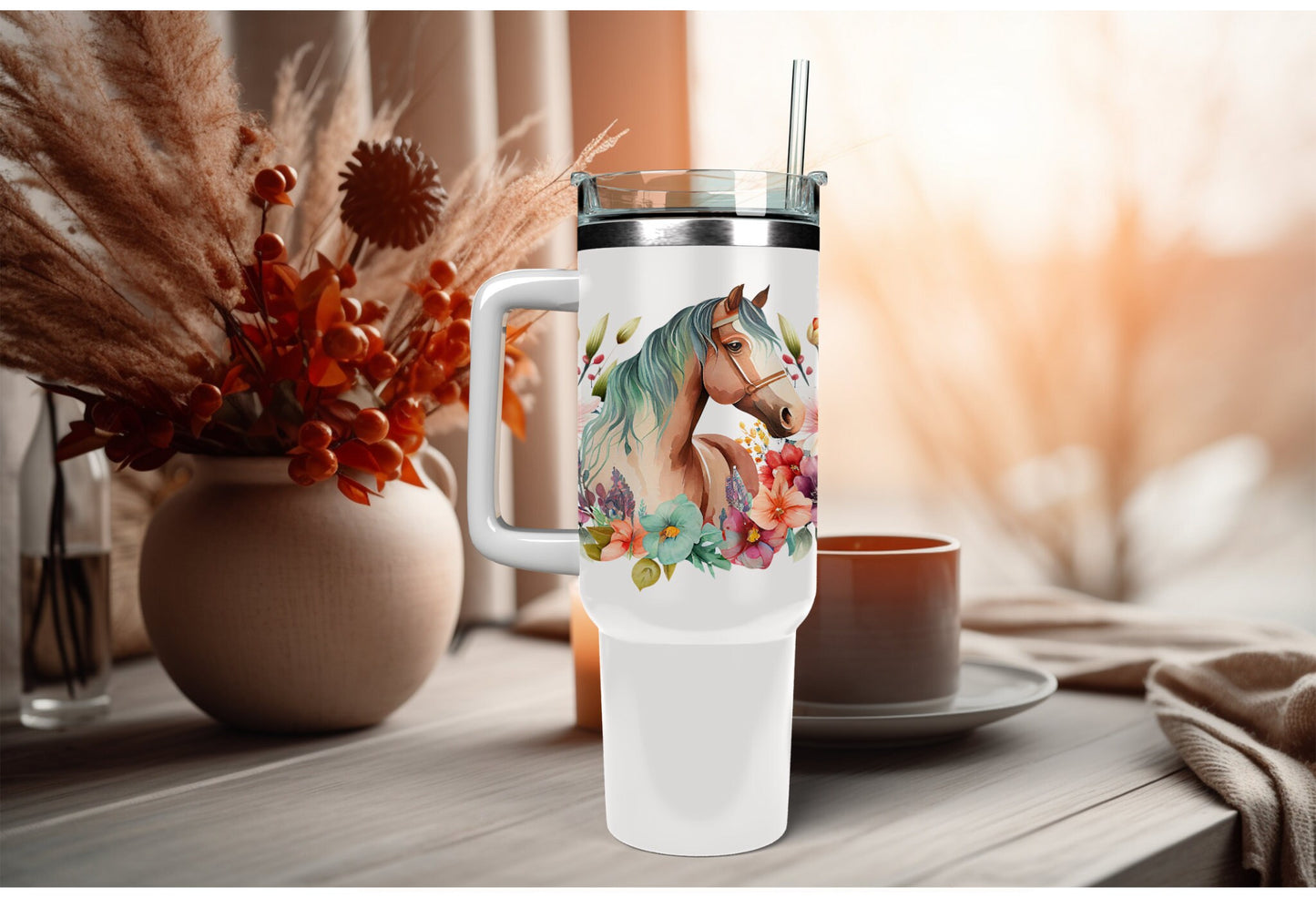 UVDTF Wrap Floral Horse 16oz Can Wrap Mug Mug Tumbler, Floral wrap, Ready to apply, Permanent Adhesive Waterproof, Add on a Cup
