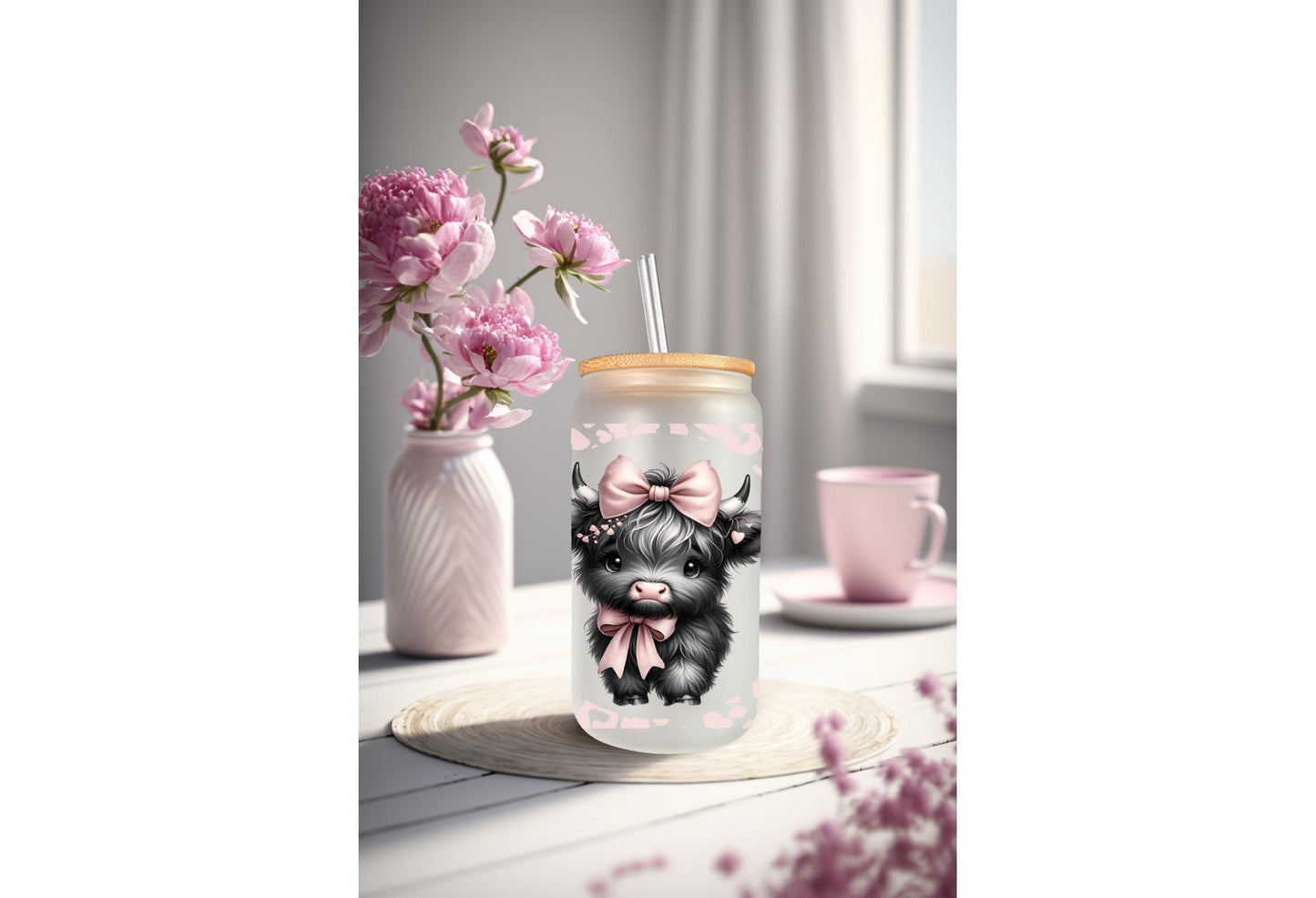 UVDTF Wrap Highland Cow pink Bow Leopard Print 16oz Can Glass Mug Tumbler Wrap, Geese Wrap, Ready to apply, Permanent Adhesive