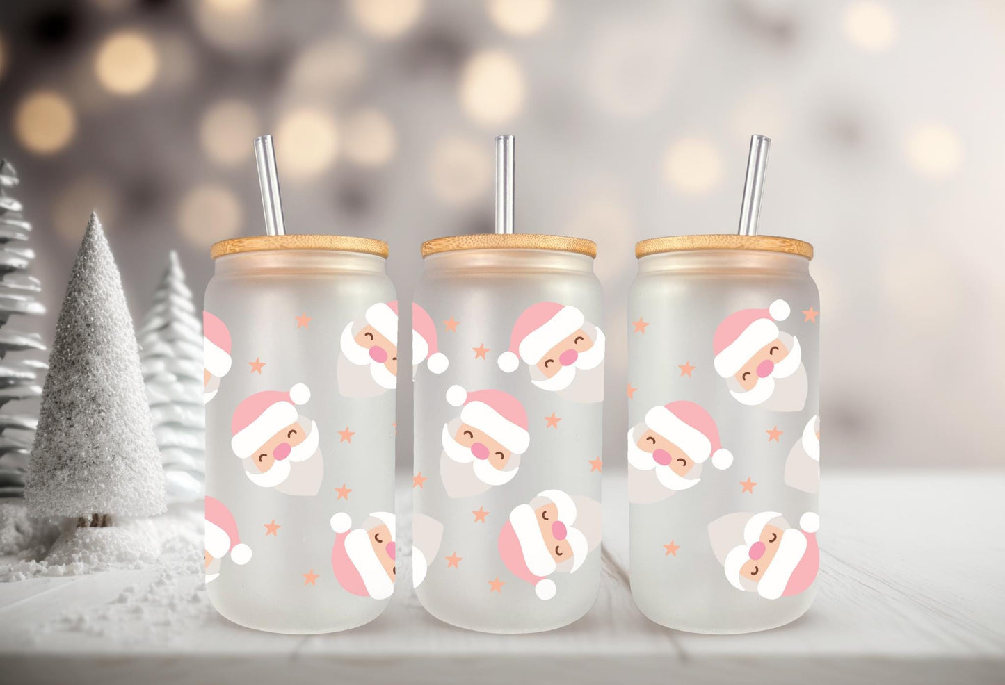 UVDTF Wrap Pastel Santa Claus 16oz Can Glass Mug Tumbler. Winter Wrap, Ready to Apply, Permanent Waterproof Adhesive, Double Sided Print