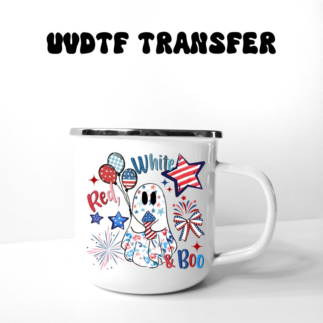UVDTF Decal Red White Boo Ghost 16oz Can Glass or 40oz Tumbler, Patriotic ghost, Ready to Apply, Permanent Waterproof Adhesive, add on a cup