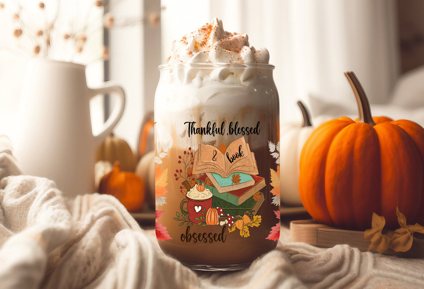 UVDTF Wrap Books Thankful Blessed Obsessed Floral 16oz Can Glass, Mug Tumbler, Ready to Apply, Permanent Waterproof Adhesive