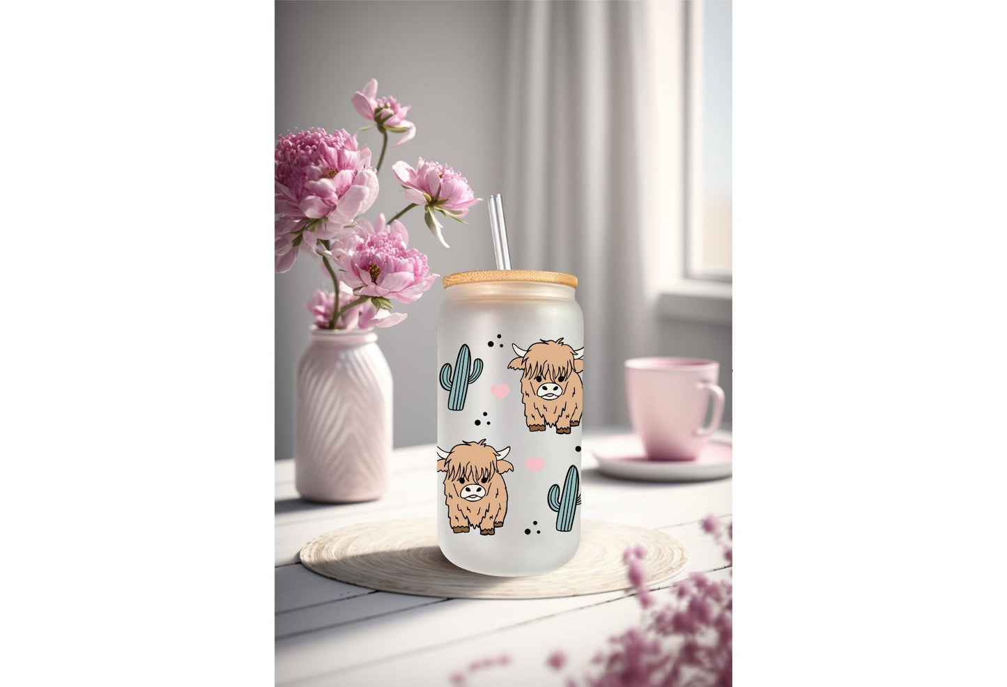 UVDTF Wrap Highland Cow Cactus for 16oz Can Glass Mug Tumbler, Ready to Apply, Permanent Waterproof Adhesive