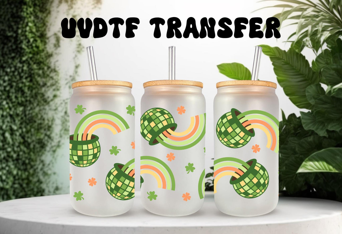 UVDTF Wrap Shamrock Rainbow Pot of Gold 16oz Can Glass Mug Tumbler, Ready to apply, Permanent Waterproof Adhesive