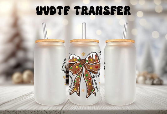 UVDTF Decal Christmas Coquette Bow 16oz Can Glass Mug Tumbler, Wonderful Time Decal, Ready to apply, Permanent Waterproof Adhesive