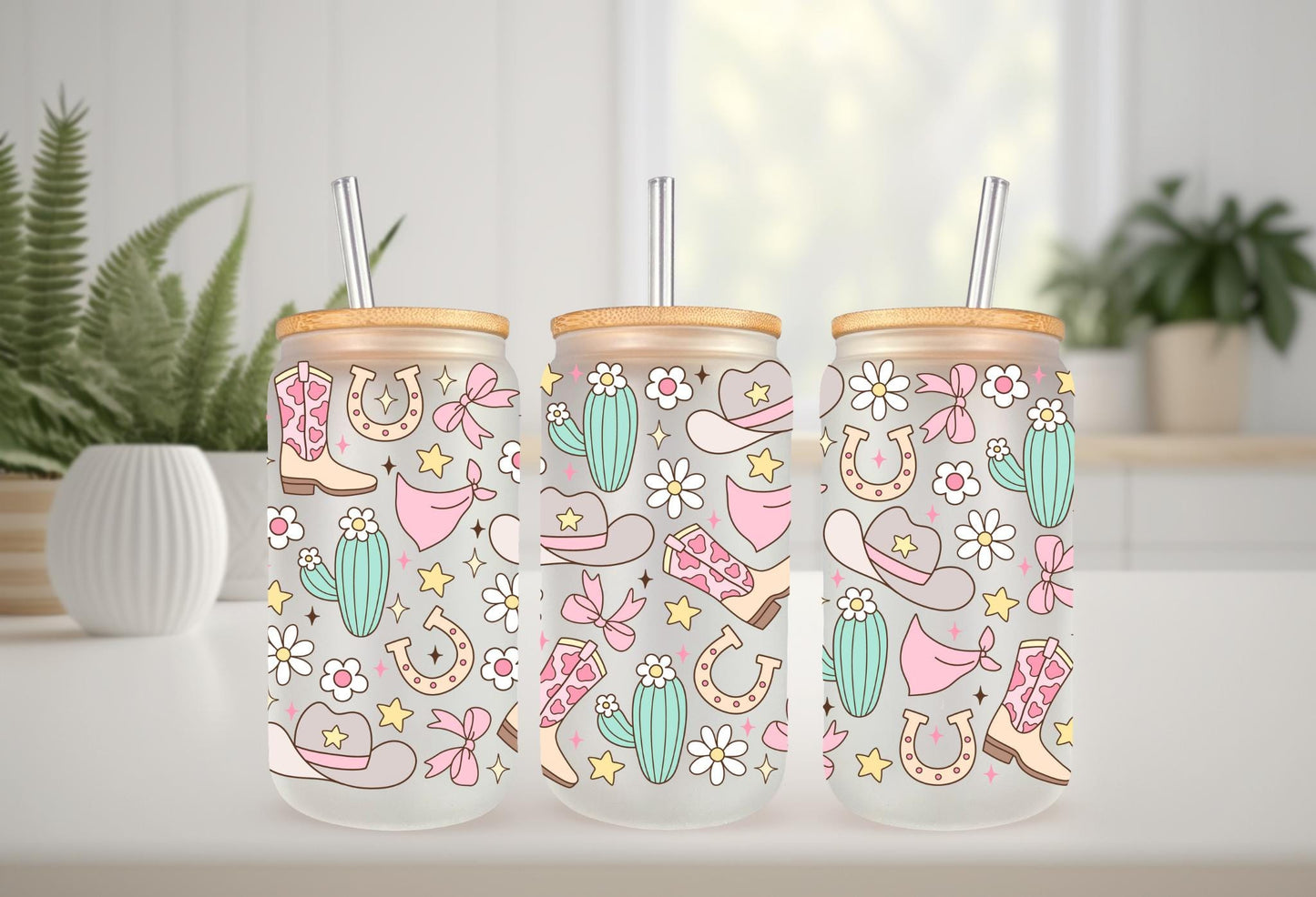UVDTF Wrap Pastel Bow Cowgirl for 16oz Can Glass Mug Tumbler, Daisy Wrap, Ready to Apply, Permanent Waterproof Adhesive