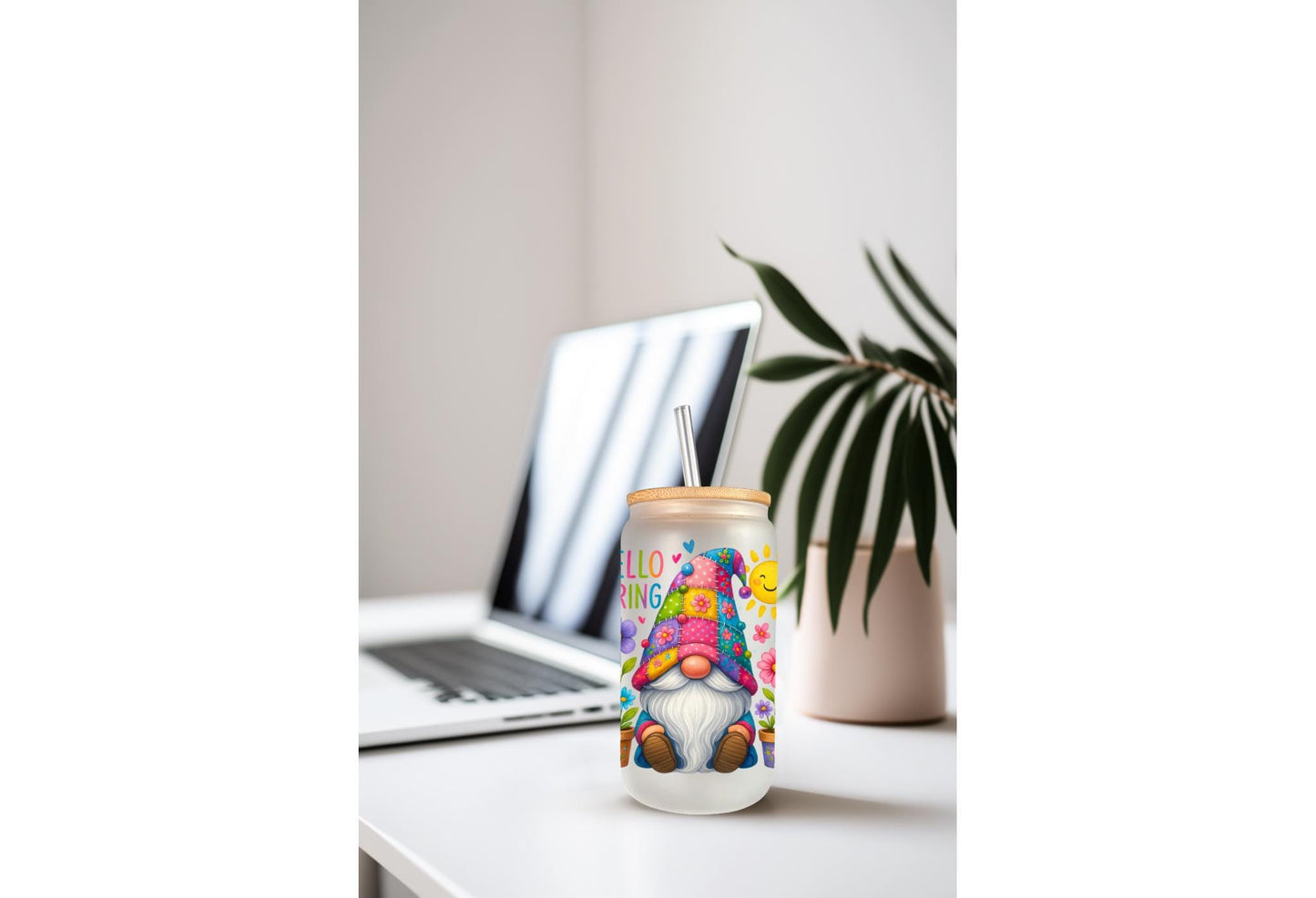 UVDTF Wrap Gnome Hello Spring 16oz Can Glass Mug Tumbler Wrap, Gnome Wrap, Ready to apply, Permanent Waterproof Adhesive