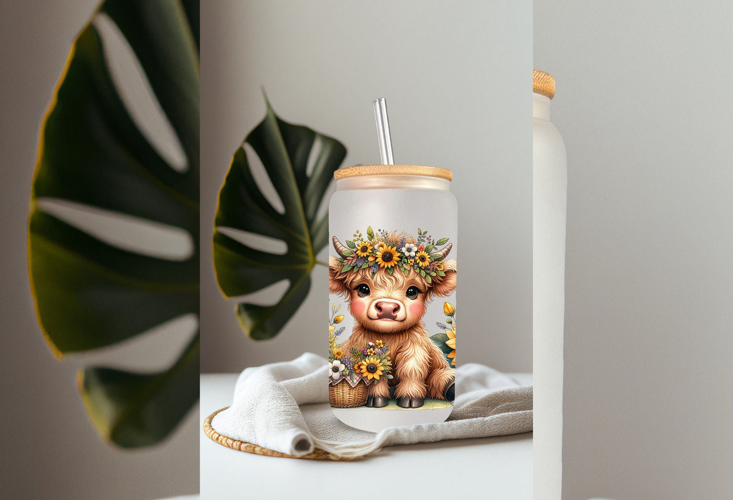 UVDTF Wrap Highland Cow Daisies Yellow for 16oz Can Glass, Mug Tumbler, Ready to apply, Permanent Adhesive, Double sided option