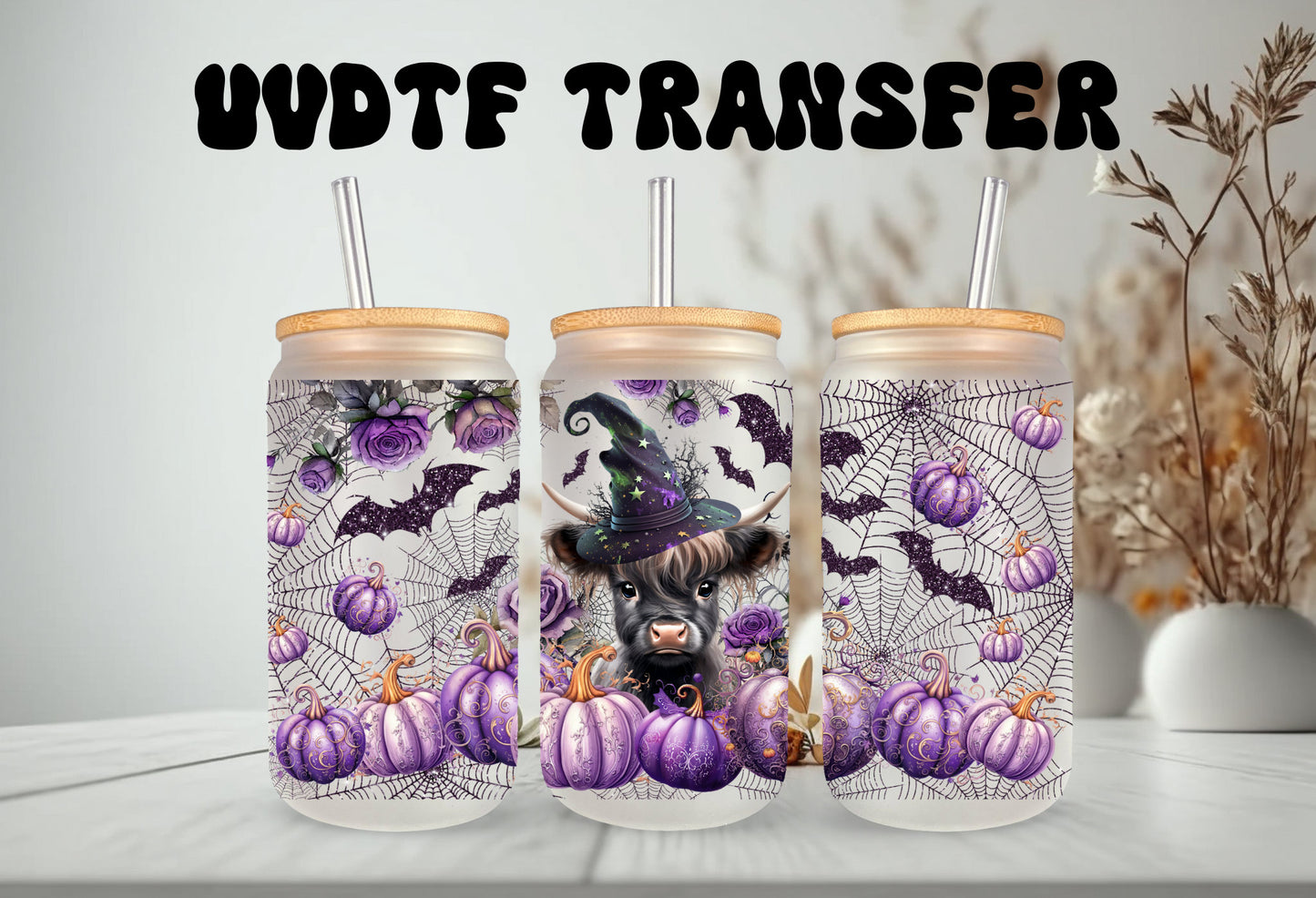 UVDTF Wrap Witch Highland Cow Purple pumpkins 16oz Can Glass, Mug,  40oz Tumbler, Double Sided Print Option, Ready to apply