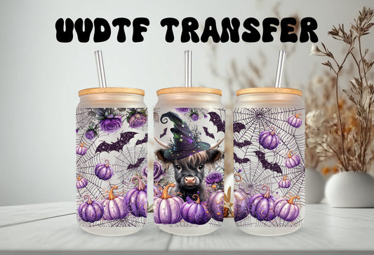 UVDTF Wrap Witch Highland Cow Purple pumpkins 16oz Can Glass, Mug,  40oz Tumbler, Double Sided Print Option, Ready to apply