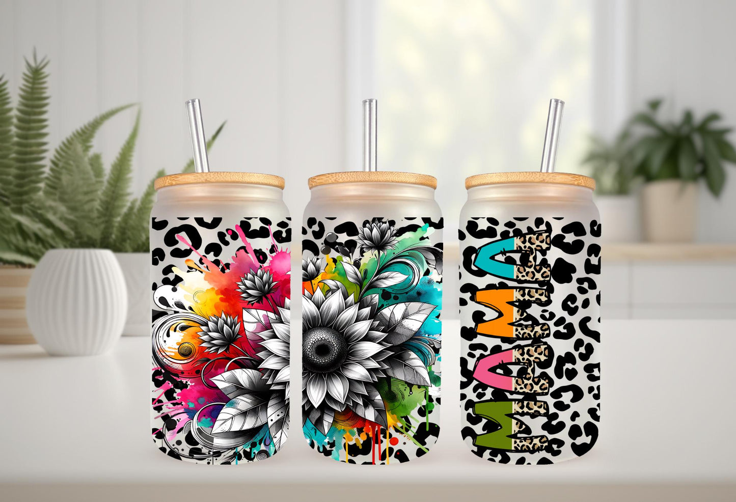 UVDTF Wrap Floral Mama Leopard Print 16oz Can Glass Mug Tumbler, Ready to apply, Permanent Waterproof Adhesive