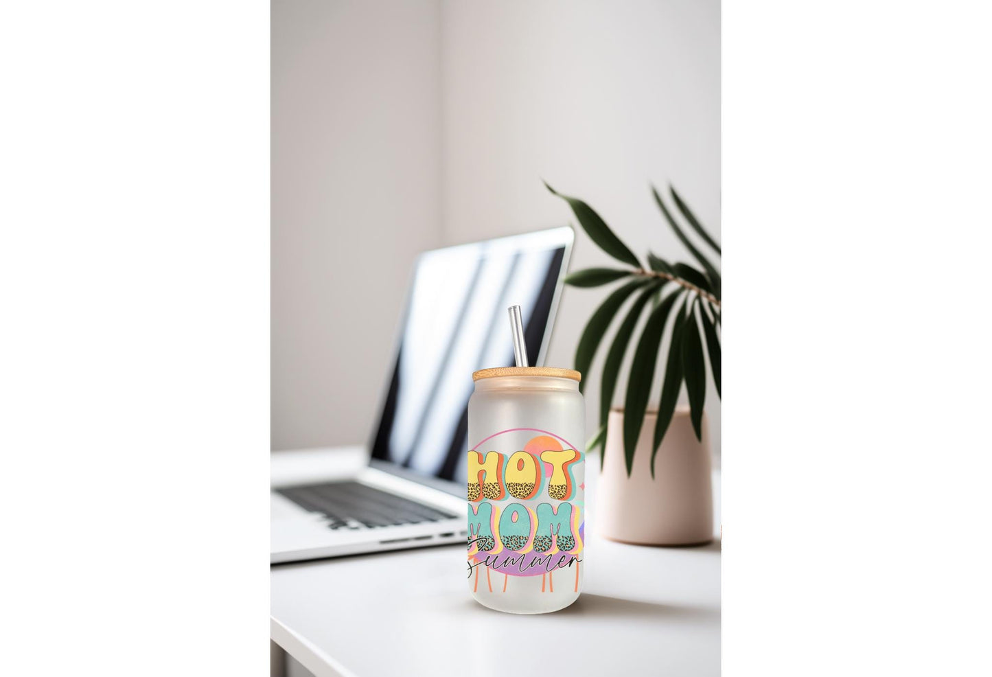 UVDTF Wrap Hot Mom Summer Leopard 16oz Can Glass Mug Tumbler, Ready to Apply, Permanent Water Adhesive