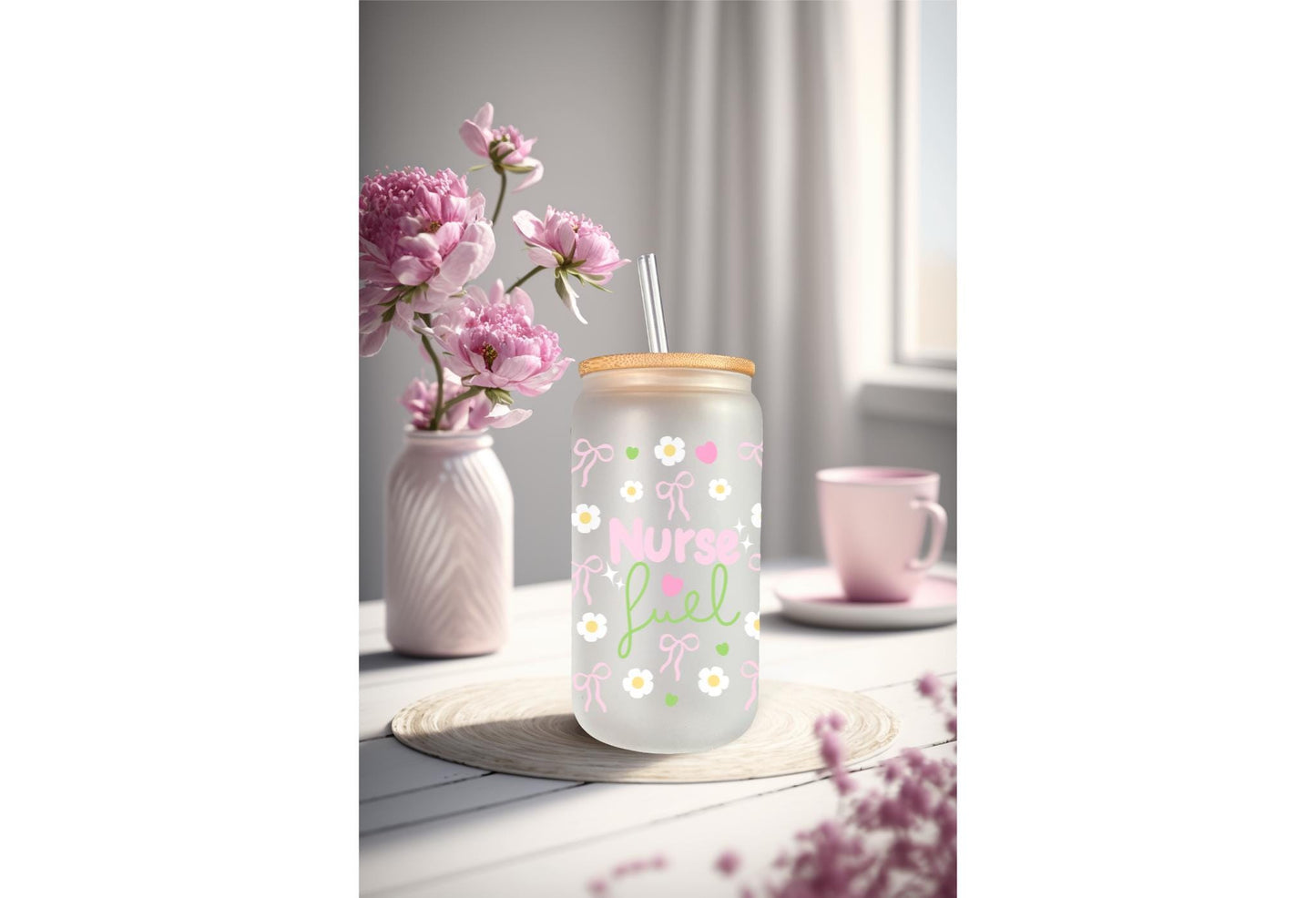 UVDTF Wrap Nurse Fuel Pastel Bow 16oz Can Glass Mug Tumbler, Medical Wrap, Ready to Apply, Permanent Waterproof Adhesive