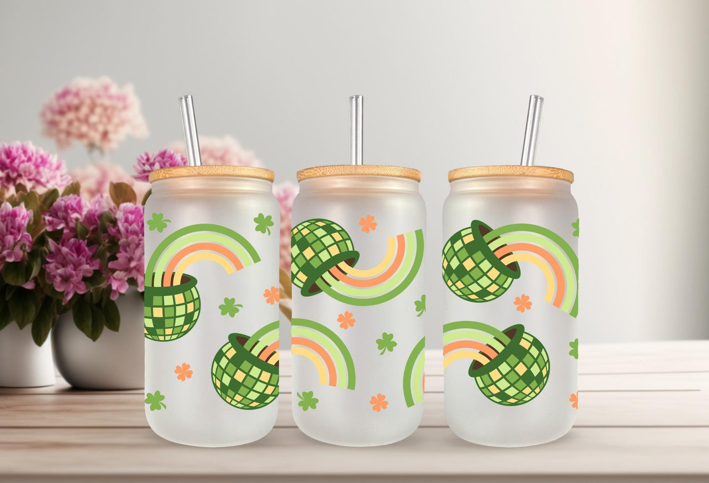 UVDTF Wrap Shamrock Rainbow Pot of Gold 16oz Can Glass Mug Tumbler, Ready to apply, Permanent Waterproof Adhesive