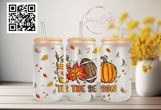 UVDTF Wrap Football Fall Tis the Season 16oz Can Glass Mug Tumbler, Football Wrap, Ready to apply, Permanent Waterproof Adhesive