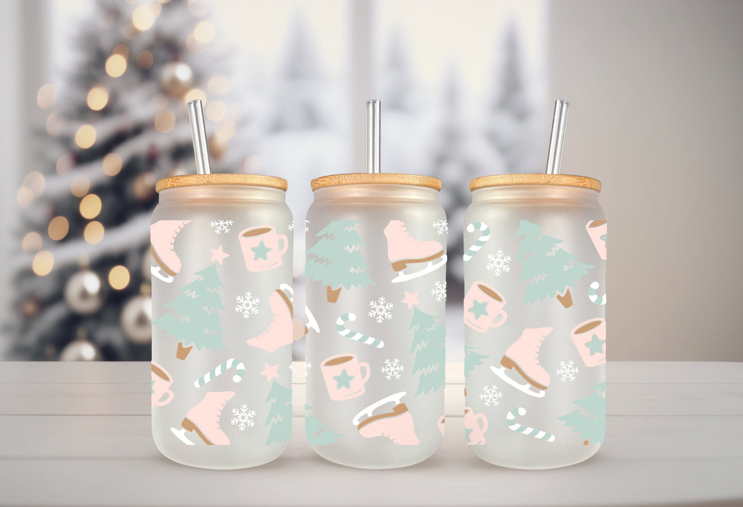 UVDTF Wrap Ice Skates Tree Snowflake Hot Cocoa for 16oz Can Glass Mug Tumbler, Winter Pastel Wrap, Ready to apply, Permanent Adhesive Waterproof