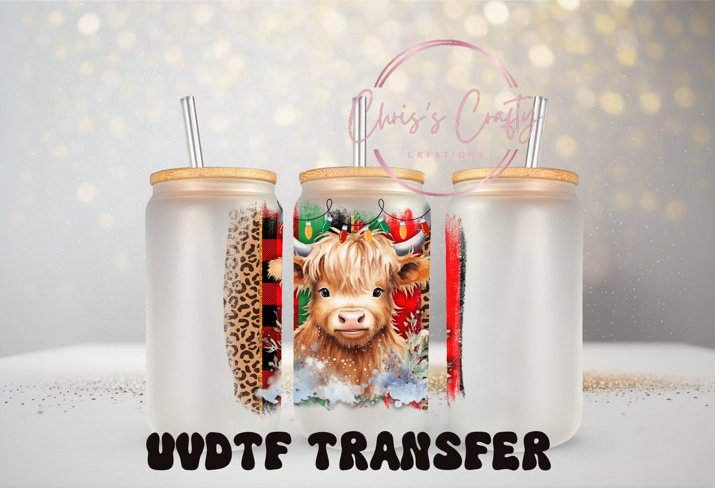 UVDTF Decal Christmas Leopard Highland Cow for 16oz Can Glass Mug Tumbler, Ready to Apply, Permanent Waterproof Adhesive