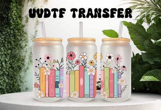 UVDTF Wrap Floral Books 16oz Can Glass Mug Tumbler Wrap, Book Wrap, Ready to Apply, Permanent Adhesive, Double Sided Print