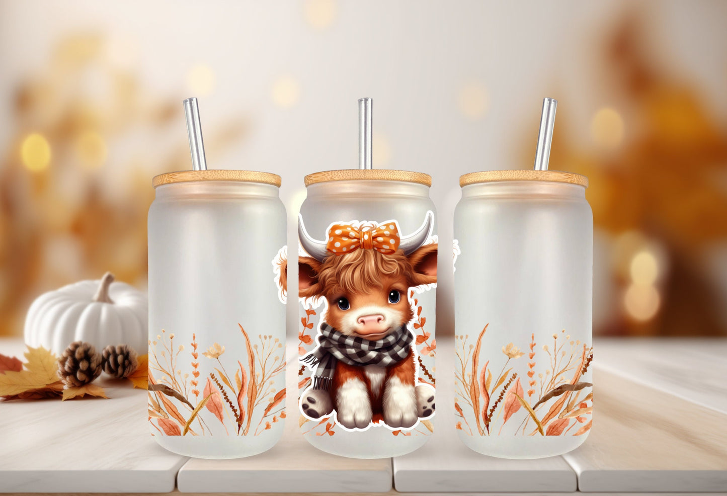 UVDTF Wrap Cute Fall Cow Girl Floral 16 oz Can Glass, Mug, Tumbler, Ready to apply, Permanent Waterproof Adhesive