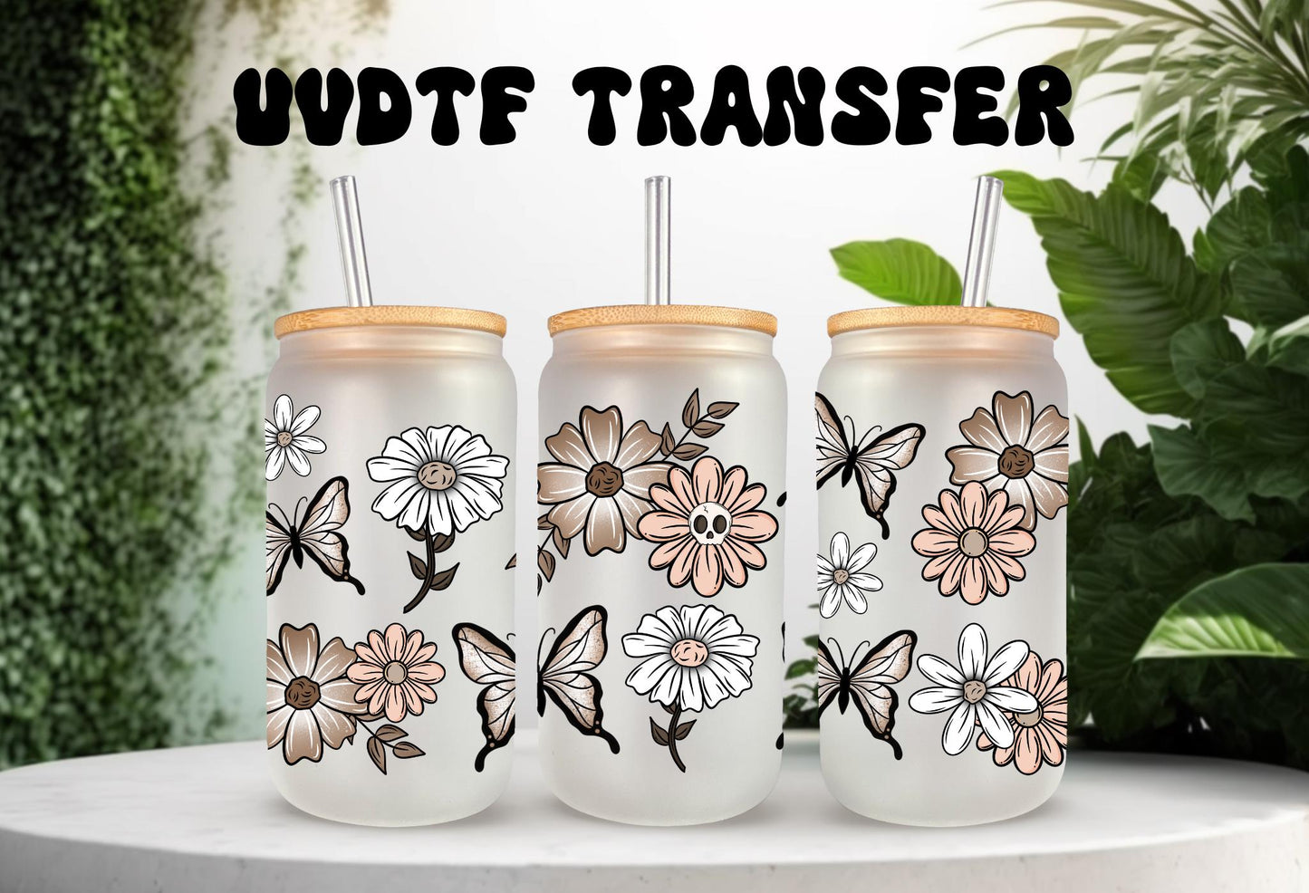 UVDTF Wrap Floral Butterfly Skull for 16oz Can Glass Mug Tumbler, Daisy Wrap, Ready to Apply, Permanent Waterproof Adhesive (Copy)