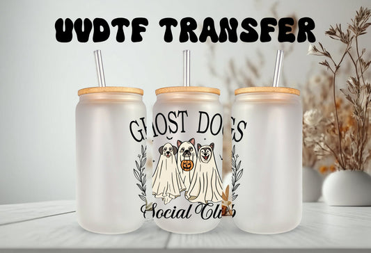 UVDTF Decal Ghost Dogs Social Club 16oz Can Glass 40oz Tumbler or Mug, Ready to Apply, Permanent Waterproof Adhesive, add on a cup