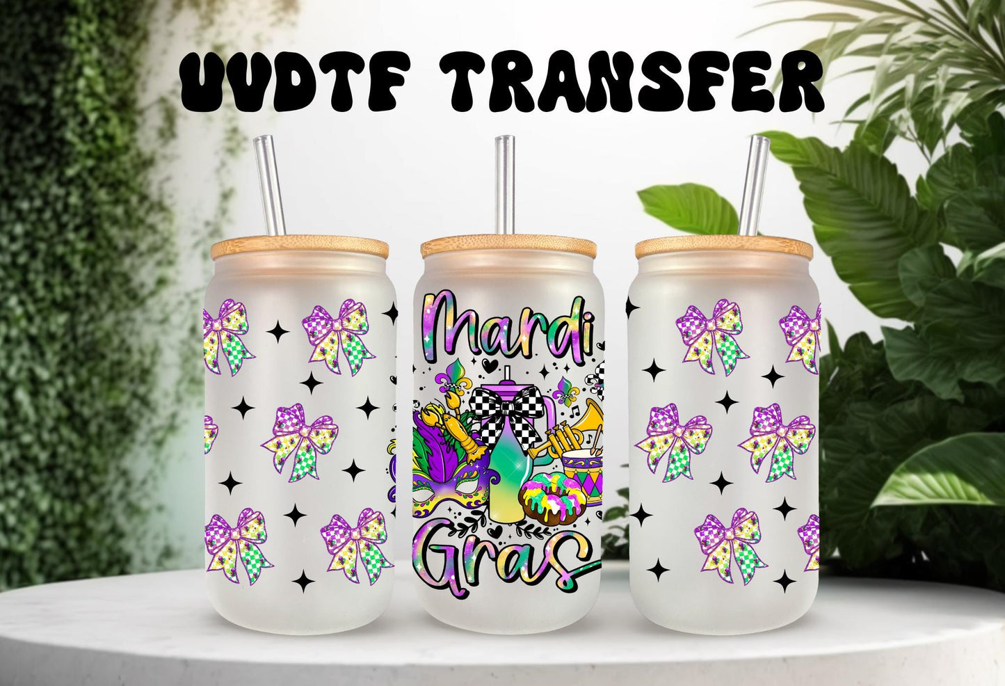 UVDTF Wrap Mardi Gras Checkered Bows 16oz Can Glass Mug Tumbler, Mardi Gras Wrap, Ready to apply, Permanent Waterproof Adhesive