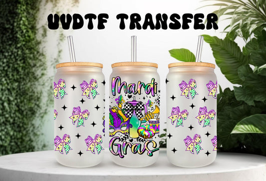UVDTF Wrap Mardi Gras Checkered Bows 16oz Can Glass Mug Tumbler, Mardi Gras Wrap, Ready to apply, Permanent Waterproof Adhesive